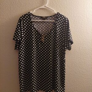 2X Black and White Polka Dot Blouse with Gold Accent
